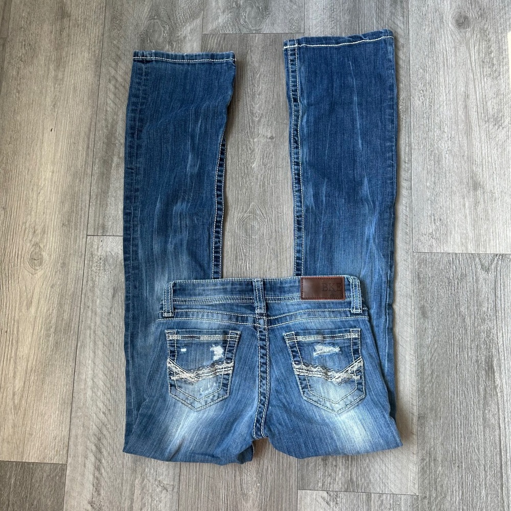 BKE Stella Distressed Bootcut lowrise Y2K Jeans Women's 24 Long Blue Fade